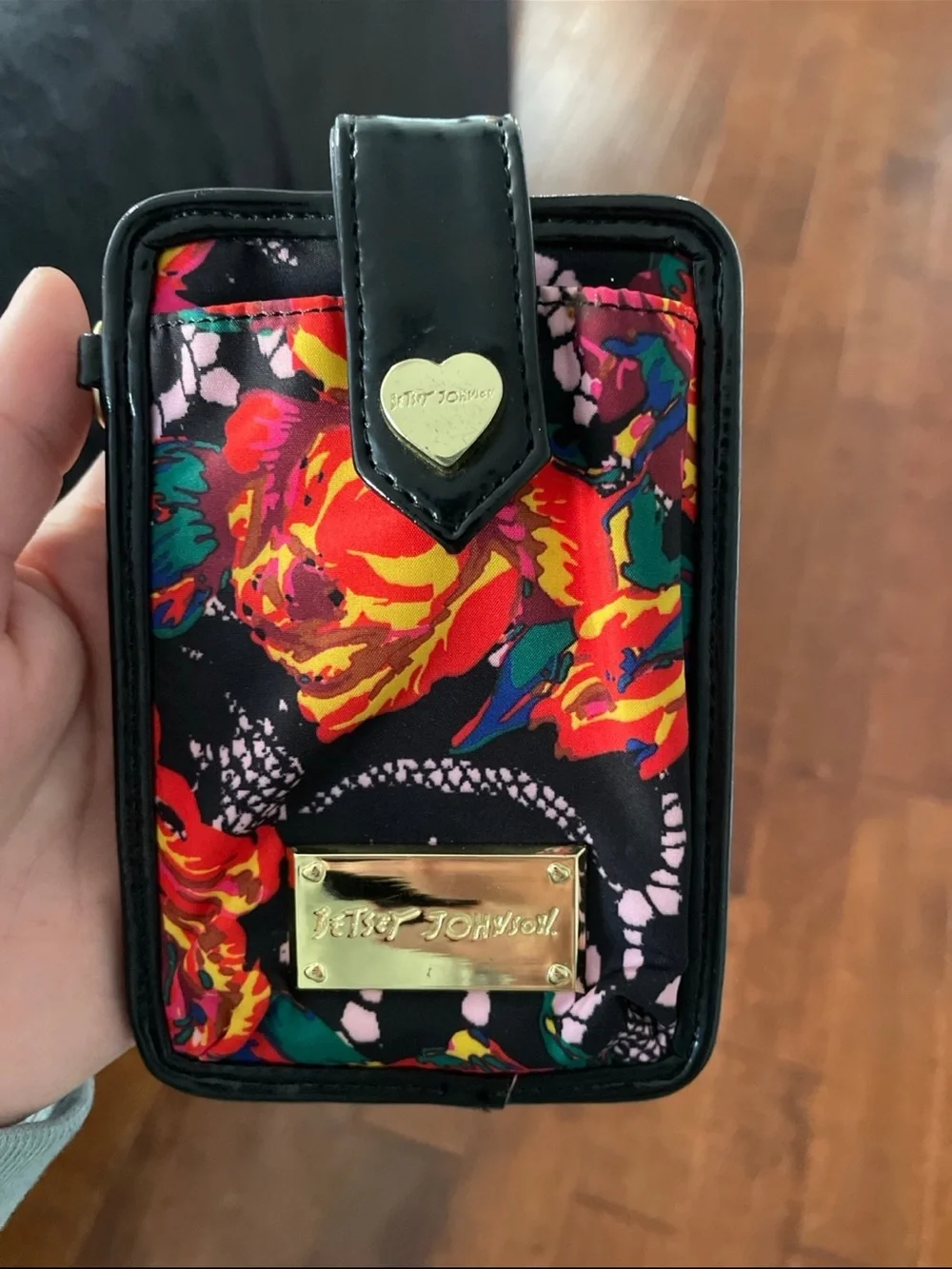Betsey Johnson Black Floral Wristlet Card Case with Multicolor Roses